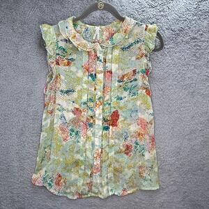 Lapis Large Multicolored Sheer Tank Top Frilly Sleeves Button Up Pleats Feminine